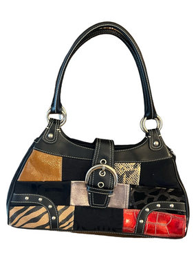 Y2K Patchwork Animal Print Shoulder Bag Buckle Detail Western